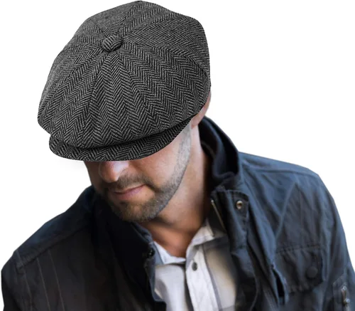 Vista 21 de EPOCH Gorra de lana para hombre, sombrero de golf Applejack de cabbie de tweed de conducción en espiga Nsb1910