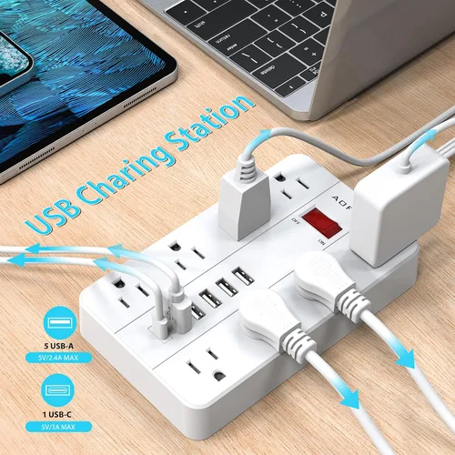Vista 2 de Protector de sobretensiones con 6 puertos USB (1USB C), cable de extensión AOFO de 5 pies con 8 tomas ampliamente espaciadas, estación de carga