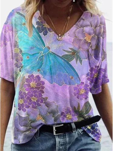 Vista 2 de Janepam Camiseta para mujer, diseño floral, mariposa, acuarela, paisaje, estampado gráfico, manga corta, cuello en V, holgada, para mujer