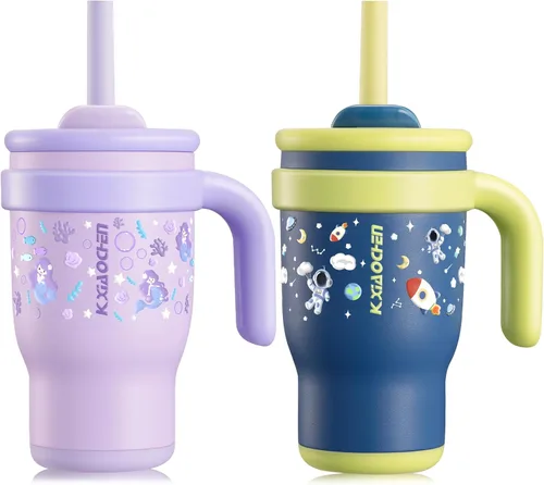 Vista 18 de KXIAOCHEN Vaso para niños de 14 onzas con asa para evitar derrames, vaso aislado reutilizable de acero inoxidable para niños pequeños, mantiene
