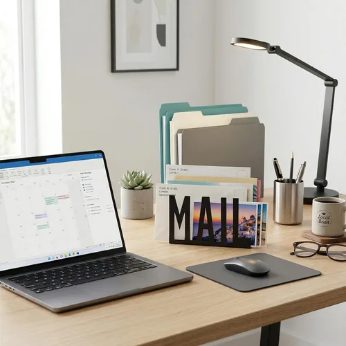 Vista 3 de MyGift Organizador de correo para encimera, moderno, de metal, negro, con diseño de letras de correo recortado, sobre de escritorio de oficina