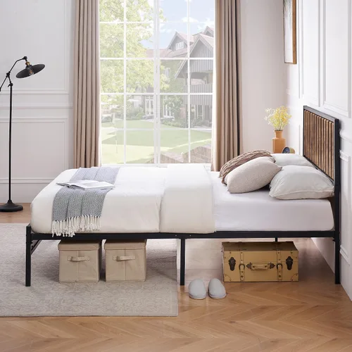Vista 8 de IDEALHOUSE Base de cama Queen con cabecera de madera, marco de cama de metal con plataforma Queen con 14 listones de acero resistente, más