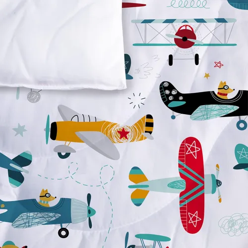 Vista 6 de Yasida Juego de edredón de avión para niños, tamaño individual, juego de ropa de cama de avión de dibujos animados coloridos para niños