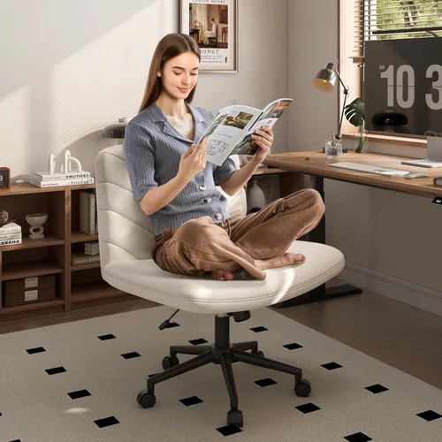 Vista 3 de Yaheetech Silla de Escritorio de Oficina con Patas Cruzadas Anchas sin Ruedas, Sillas Giratorias Cómodas para Computadora de Tocador para Hogar