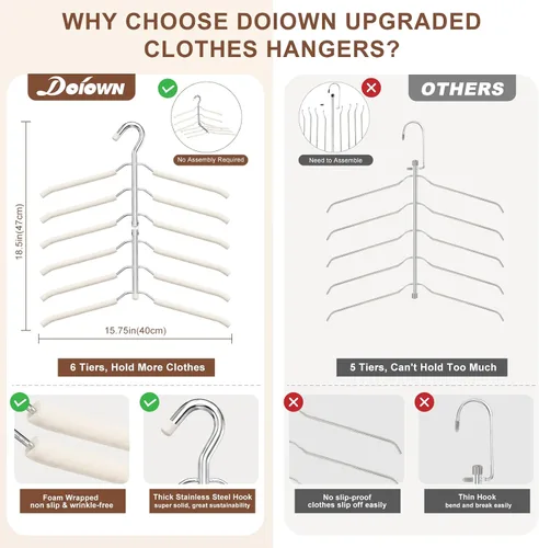 Vista 5 de Perchas de ropa que ahorran espacio, 6 niveles antideslizantes para camisas Beige