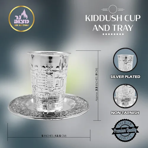 Vista 3 de Ner Mitzvah Kidush Taza y bandeja – Taza de vino niquelada de alta calidad – para Shabat y Havdalah – Judaica Shabbos y regalo de vacaciones