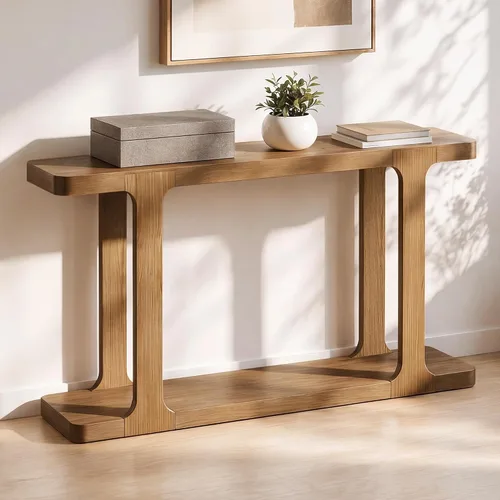 Vista 41 de 50" Modern Art Sculptural Console Table, Oval Cutout Legs, Wood Veneer, Thick Rounded Tabletop, Contemporary Entryway Sofa Table for Living Room