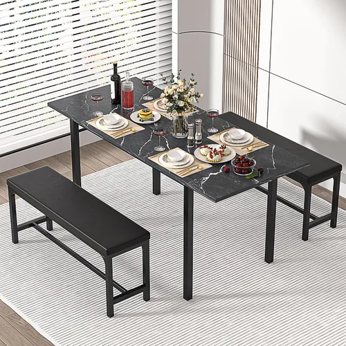 Vista 4 de VECELO Mesa de cocina extensible de 3 piezas de 63 pulgadas con bancos/sillas, moderno juego de desayuno/comedor para 4/6/2, diseño de ahorro
