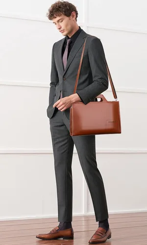 Vista 3 de PIJUSHI Maletín de piel auténtica para hombres y mujeres, bolso delgado para laptop para negocios