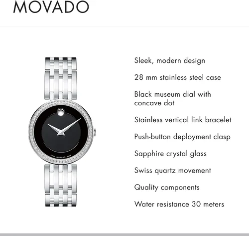 Vista 2 de Movado Reloj Esperanza de acero inoxidable para mujer con bisel de acento de diamante, platanegro (607052), PlataNegro, 0607052