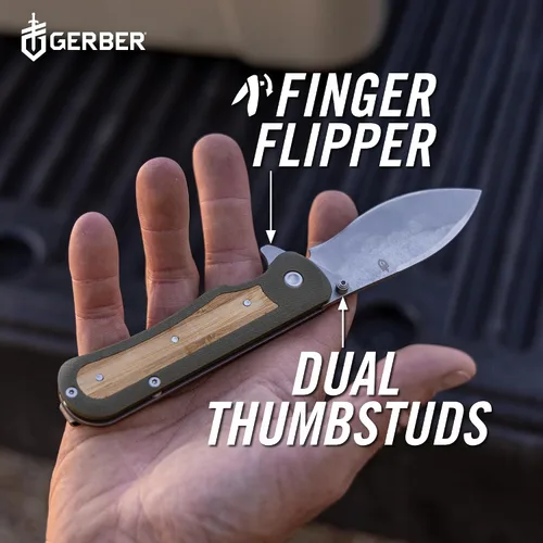 Vista 2 de Gerber Gear Confidant - Cuchillo de bolsillo EDC, cuchillo plegable de borde liso de 3.2 pulgadas, verde OD y bambú