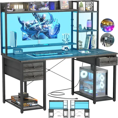 Vista 12 de Aheaplus Escritorio LED para Gaming con Hutch, 47.2'' Estación de Trabajo para Computadora, Negro