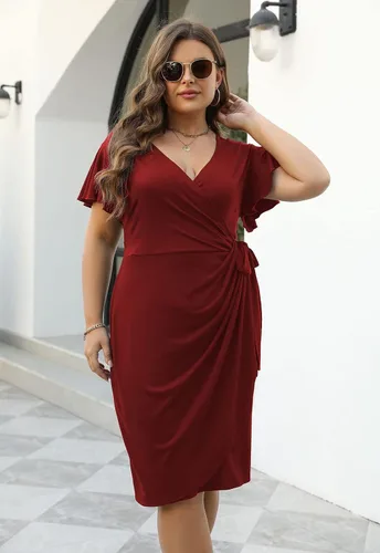 Vista 3 de Nemidor NEM389 - Vestido cruzado de imitación fruncido para mujer, talla grande, manga con volantes, vestido de trabajo casual para fiesta