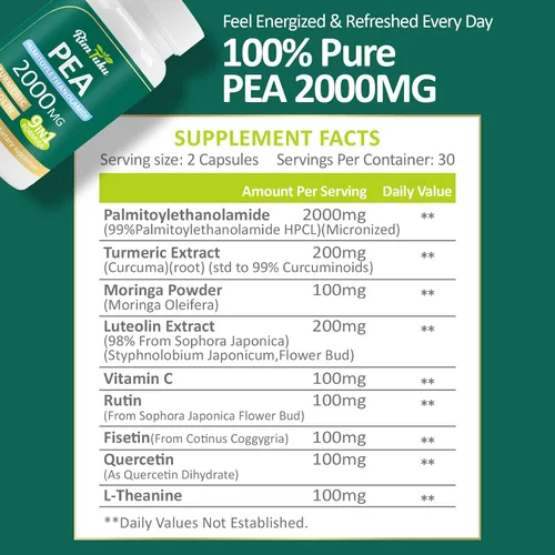 Vista 2 de Palmitoiletanolamida liposomal 2000 mg + luteolina 200 mg + cúrcuma 200 mg y fisetina 100 mg, guisante micronizado 99% altamente purificado