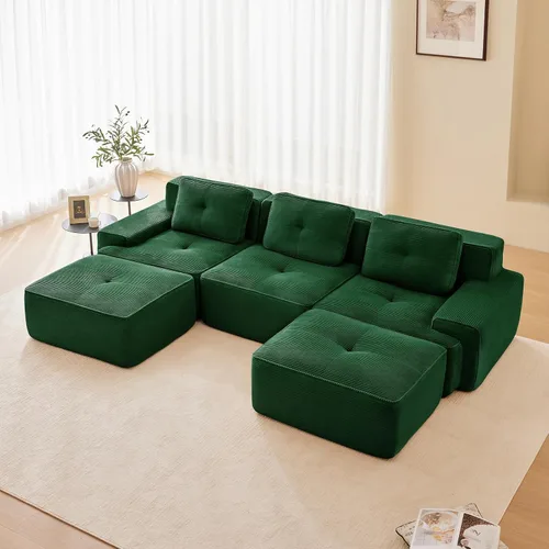 Vista 40 de Sofá moderno comprimido sin armazón de 116", sofás seccionales de 3 plazas para sala de estar, sofá seccional modular de pana verde nube, espuma