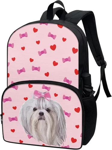 Vista 2 de AmzPrint Mochila para niñas y gatos para niños de 17 pulgadas, escuela primaria secundaria, bolsa escolar de gato atigrado (morado), Shih Tzu