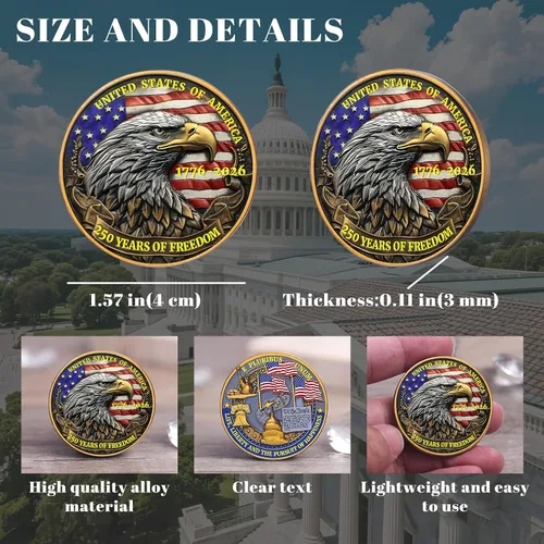 Vista 3 de Medalla Conmemorativa del 250 Aniversario de EE. UU. - Mercancía de América 250 con Águila Americana y Bandera de EE. UU. 250 Años de Libertad