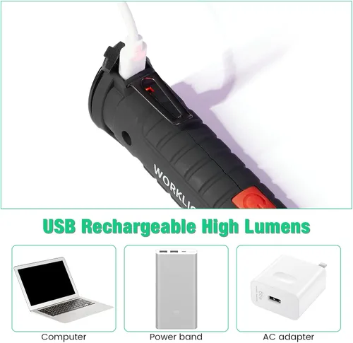 Vista 4 de Honoson - Juego de 4 luces de trabajo LED Honoson recargables con base magnética, gancho para colgar y rotación de 360°, 5 modos de linterna LED