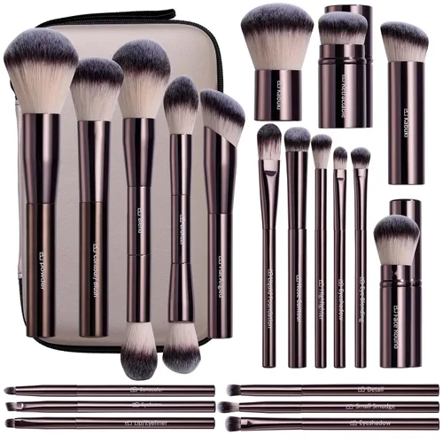 Vista 12 de Juego de brochas de maquillaje profesional con estuche de viaje, 20 piezas café (A-Coffee)