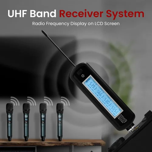 Vista 8 de Pyle Sistema Portátil de Receptor de Banda UHF, Sistema de Micrófono Inalámbrico de 4 Canales con Controles de Canal Independientes, Indicador LCD