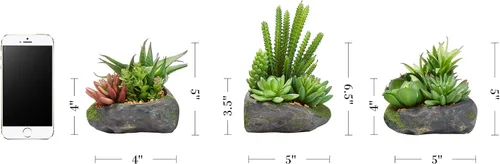 Vista 3 de Pure Garden Plantas suculentas artificiales, juego de arreglos de 3 piezas en macetas de piedra sintética y varios tamaños, vegetación realista