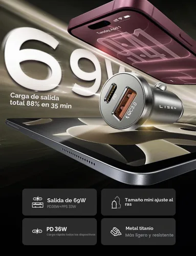 Vista 3 de LISEN Cargador de coche USB C del adaptador del encendedor de cigarrillos Negro