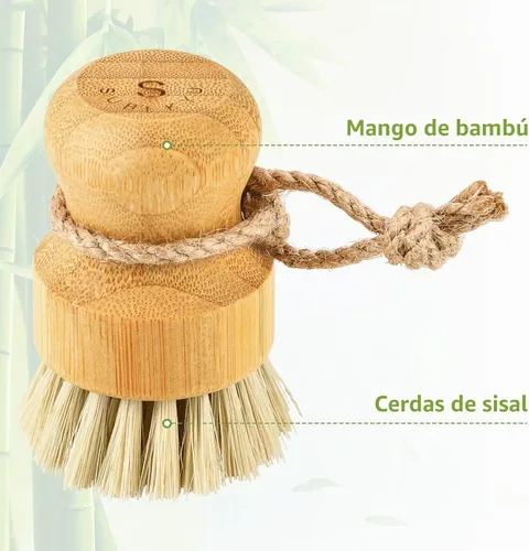 Vista 5 de SUBEKYU - Juego de cepillos de bambú para platos de cocina, juego de estropajos de limpieza de madera para lavar sartenes/ollas de hierro fundido