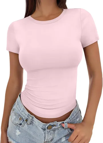 Vista 18 de Trendy Queen - Camisetas básicas para mujer, camisetas de verano, manga corta, ajustadas, linda ropa de entrenamiento para gimnasio