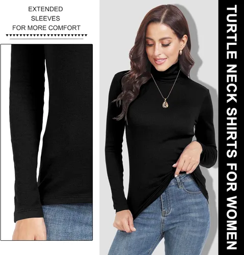 Vista 3 de DYLH Cotton Ribbed Turtleneck Shirt Women Long Sleeve Turtle Necks Tops Thermal Undershirt 2Packs