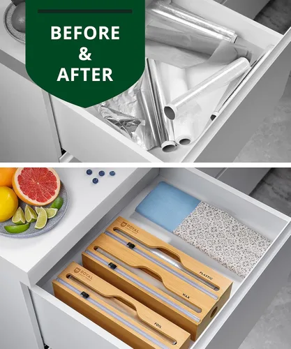 Vista 3 de ROYAL CRAFT WOOD Papel de cocina de bambú y organizador de plástico para cajón con cortador de 2 ranuras