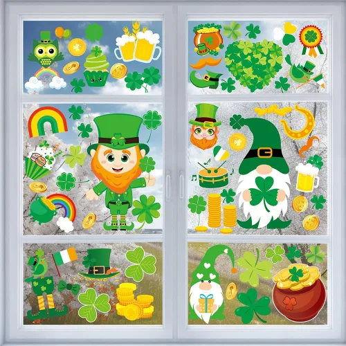 Vista 2 de AOWDIAO Calcomanías reutilizables de doble cara para ventana, duendes, tréboles, gnomos, monedas, decoración irlandesa festiva para ventanas