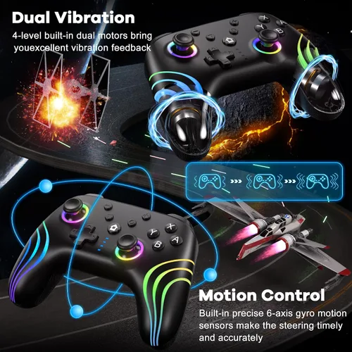 Vista 6 de SWANPOW Switch Controllers Compatible with SwitchLiteOLED, Wireless Switch Pro Controller with Full RGB Line Breathing LED, Programmable, 6-Axis