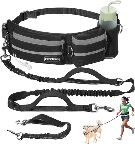Vista 10 de Correa de cintura manos libres con bolsa para dos perros, costuras reflectantes, doble asa y diseño retráctil elástico, ideal para perros medianos a