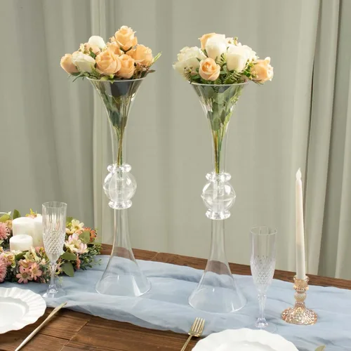 Vista 6 de Tableclothsfactory Paquete de 2 Centro de mesa de trompeta con adornos de cristal transparente de 21 pulgadas, jarrón reversible de plástico