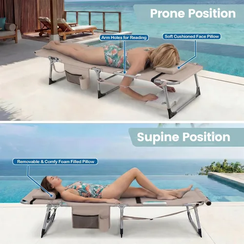 Vista 5 de Giantex Silla bronceadora, silla de playa de 330 libras con 5 posiciones ajustables, agujero para cara y brazo, correa para manos/hombros, almohada