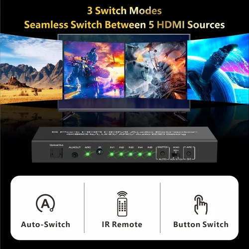 Vista 11 de 5 en 1 salida 4K @60Hz HDMI Switch Extractor de audio con óptico y salida de 0.138 in, divisor de audio HDMI 2.0 compatible con HDR 10, HDCP 2.2