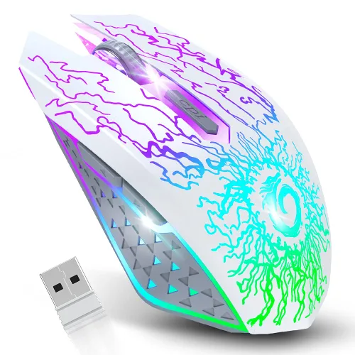 Vista 10 de VersionTECH. Ratón inalámbrico para juegos, recargable, con luces LED coloridas, clic silencioso, receptor USB nano 2.4G, 3 niveles de DPI para PC