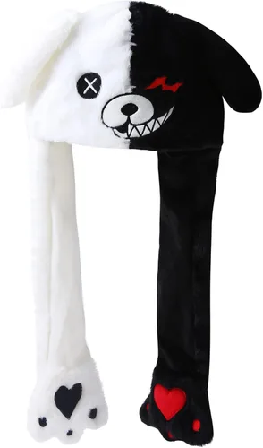 Vista 3 de Sombrero de oso blanco y negro con orejas móviles, gorro de salto presionando las patas que harán que las orejas se muevan, divertido regalo