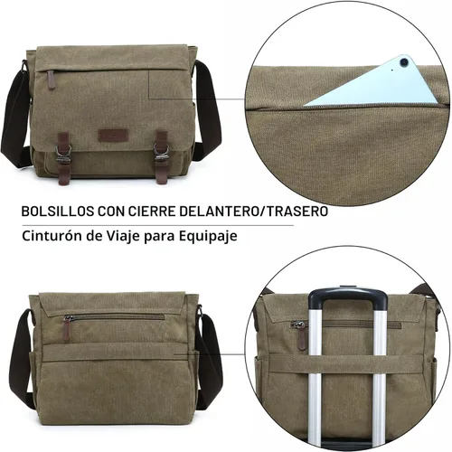 Vista 4 de Bolso de hombro grande vintage de lona para mensajero, bolso cruzado para viajes, cartera, maletín, bolsa de negocios para portátil de 15 pulgadas