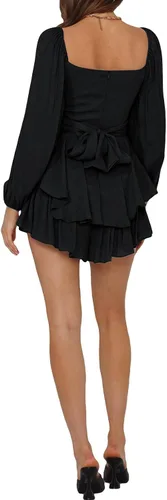 Vista 5 de Louatui Mameluco con volantes para mujer, con hombros descubiertos, manga abombada, con vuelo, vestido corto fruncido