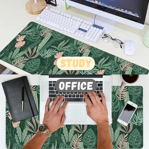 Vista 5 de Alfombrilla de mouse extendida para juegos con hojas tropicales abstractas, con bordes cosidos, base de goma antideslizante, alfombrilla de mouse
