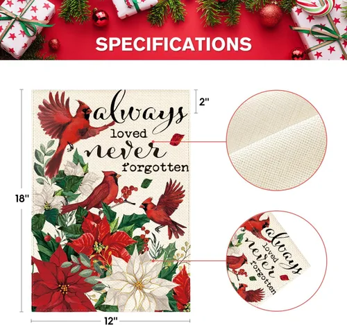 Vista 5 de AVOIN colorlife - Banderola conmemorativa de jardín "Siempre amado, nunca olvidado", para exteriores, diseño de cardenal y poinsettia navideña, 30,5