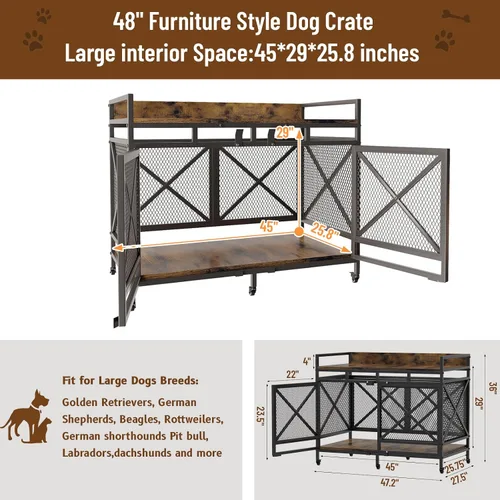 Vista 2 de COZPAW Jaula para perros de 48 pulgadas con ruedas, marrón Perrera extra grande para perros XL, mesa auxiliar de madera con barandilla, marco
