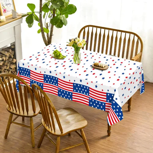 Vista 5 de 1 paquete de mantel de plástico con diseño de bandera americana del 4 de julio para fiesta, 54 x 87 pulgadas de largo, mantel rectangular para bufé