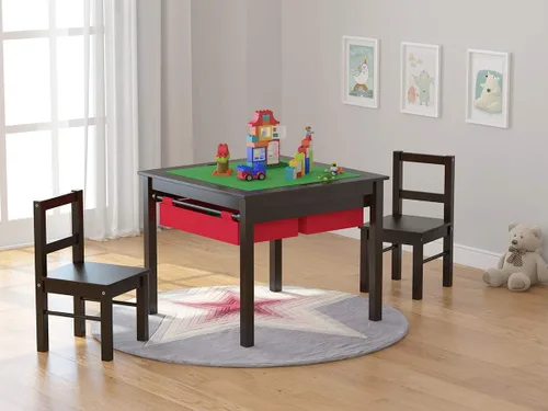 Vista 4 de UTEX - Juego de mesa de construcción para niños 2 en 1 de madera con dos sillas y cajones de almacenamiento, y placa empotrada compatible