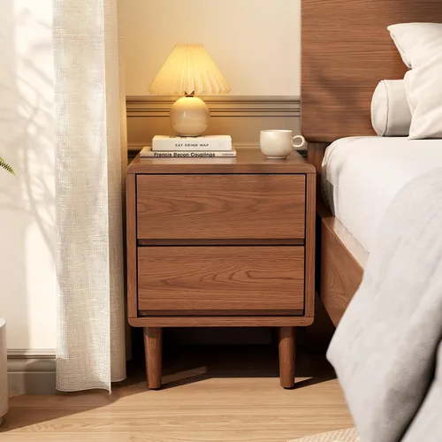 Vista 12 de Mesita de noche alta natural con 3 cajones, mesita de noche moderna de mediados de siglo con almacenamiento, mesita de noche de madera maciza