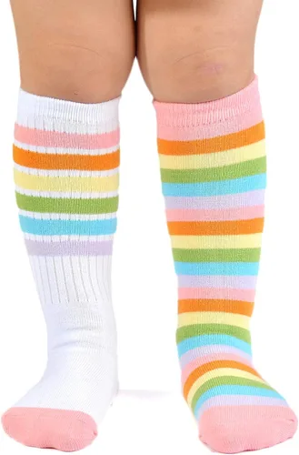 Vista 7 de EPEIUS Calcetines altos a la rodilla con rayas arco iris para bebé, medias de tubo antideslizantes, calcetines de fútbol para niños pequeños y niños