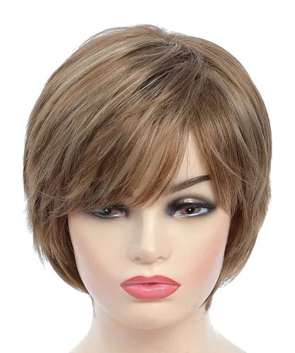 Vista 5 de Pelucas cortas de corte Pixie con flequillo, pelucas de cabello sintético lacio para mujeres blancas (rubio mezclado con marrón)