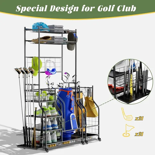 Vista 7 de ROOMTEC Organizador de almacenamiento de bolsas de golf, estante de almacenamiento de bolsas de golf para garaje, estante de almacenamiento