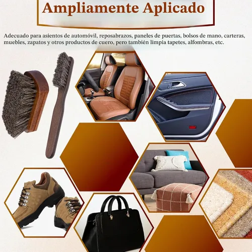 Vista 7 de 2 piezas cepillos de cuero para detallado de automóvil, cepillo de crin de caballo, cepillo de tapicería para limpieza, cepillo